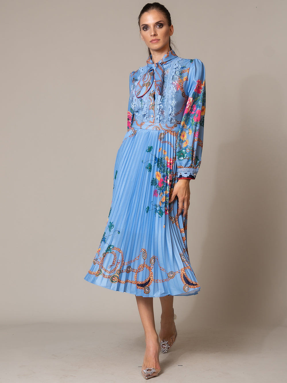 Blue Tie Neck Pearl Bib Floral Chain Print Pleated Midi Dress 6