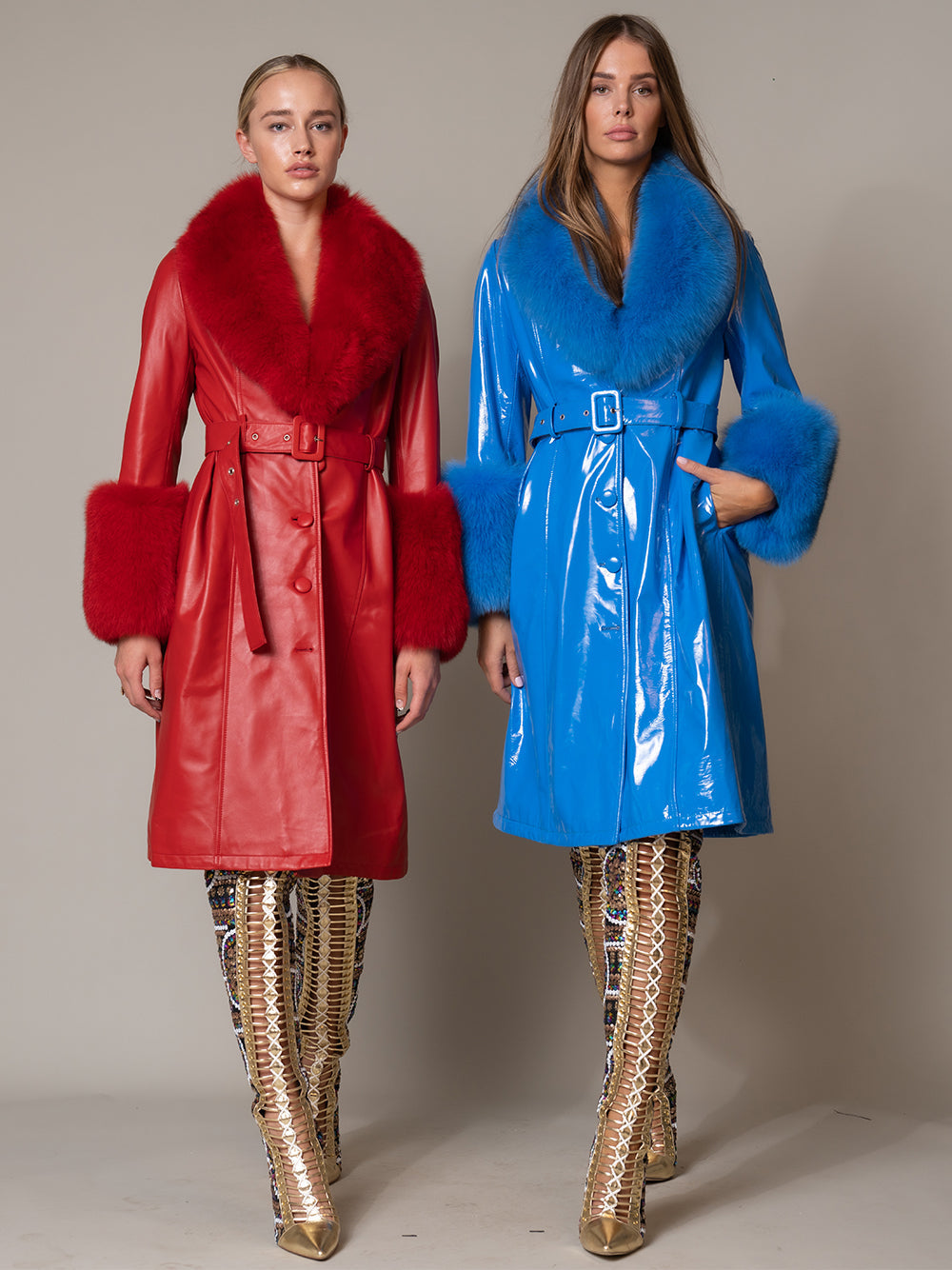 Red Faux Fur Collar Belted Leather Longline Coat 10