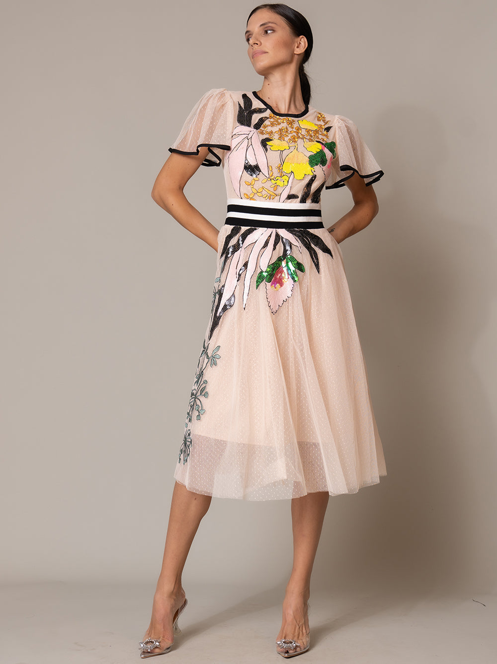 Apricot Round Neck Flutter Sleeve Floral Sequin Tulle A-Line Midi Dress
