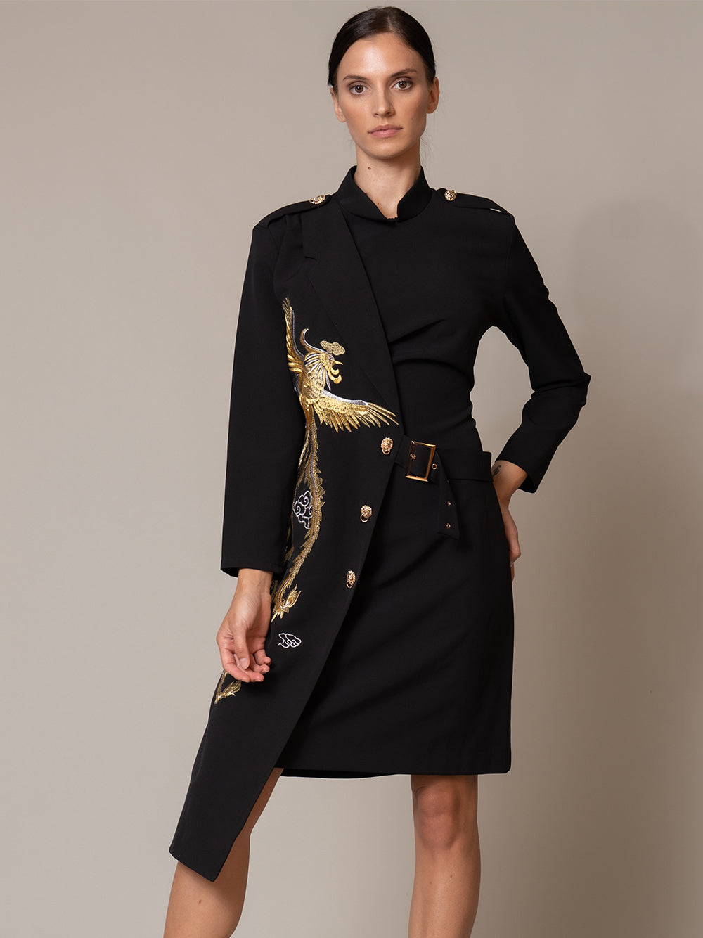 Black Lapel Collar Phoenix Embroidered Belted Long Sleeve Blazer Midi Dress 4