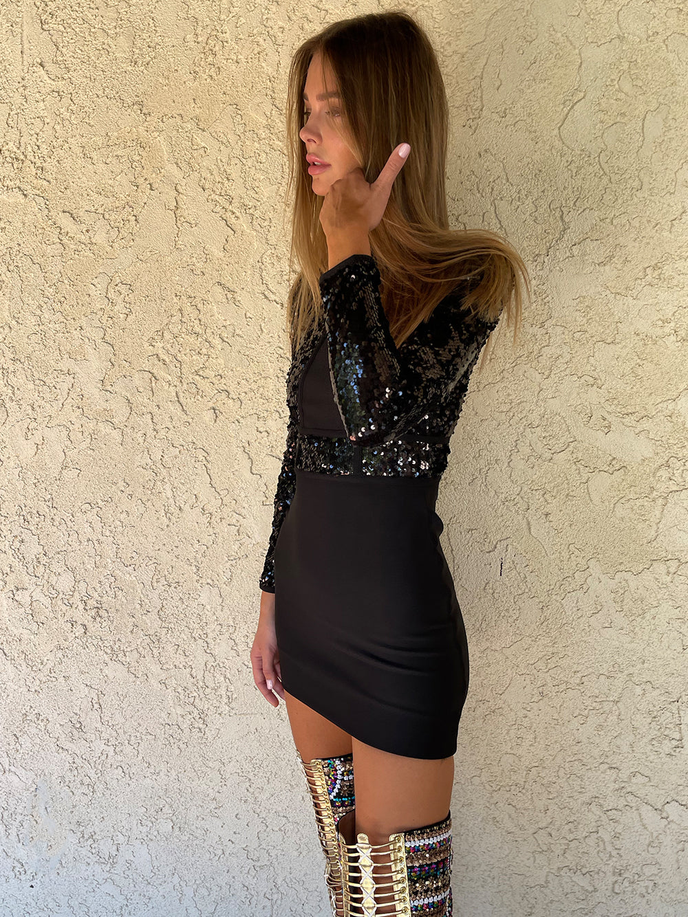 Black High Neck Long Sleeve Sequin Panel Bodycon Mini Dress