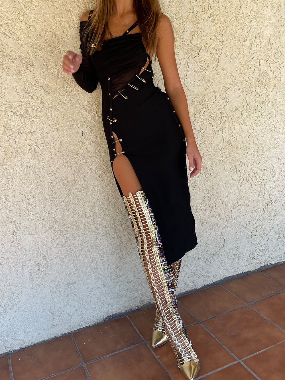 Black One Shoulder Long Sleeve Safety Pin High Slit Bodycon Midi Dress 10