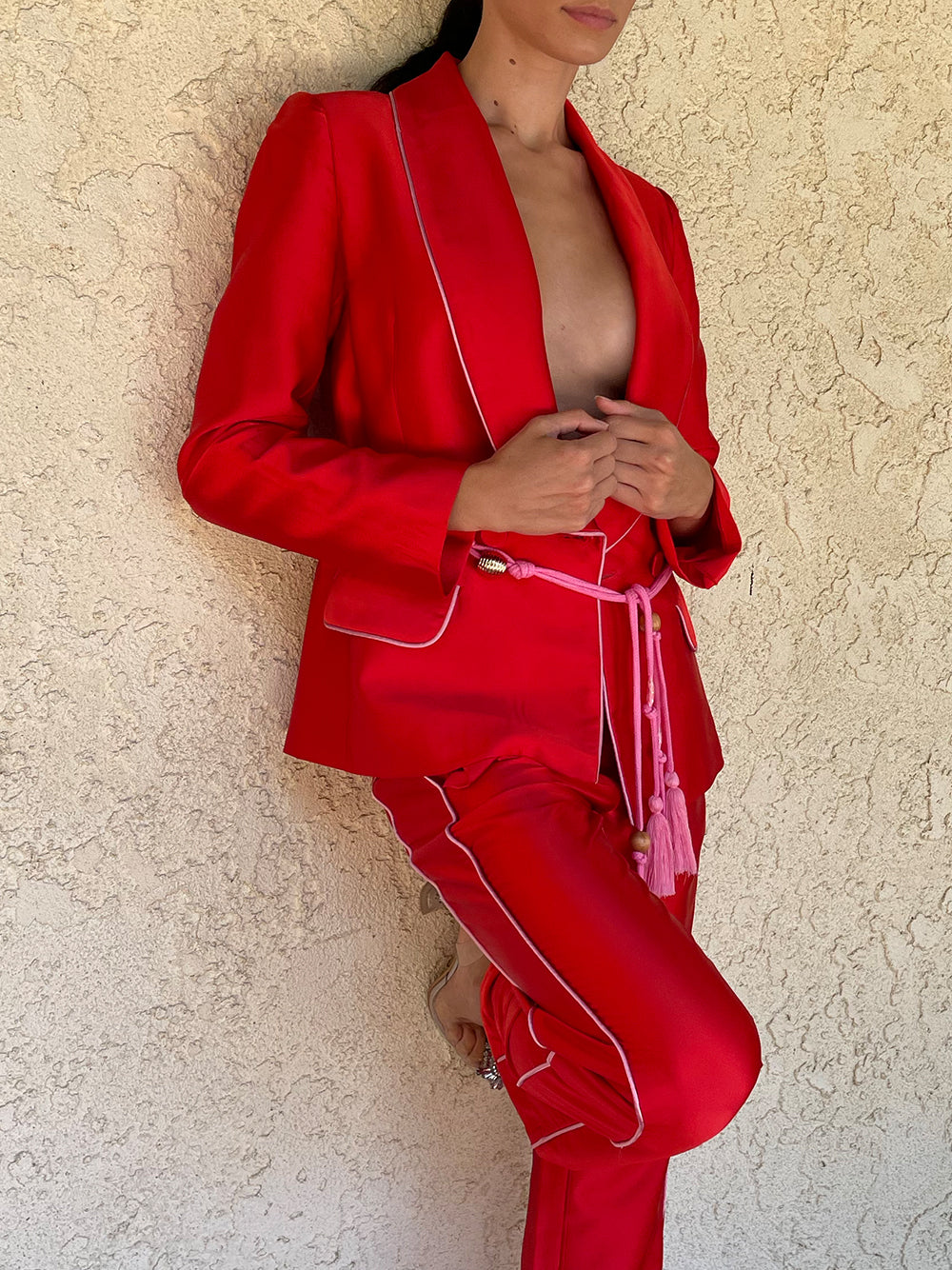 Red Satin Shawl Collar Piped Blazer And Pants Set 14
