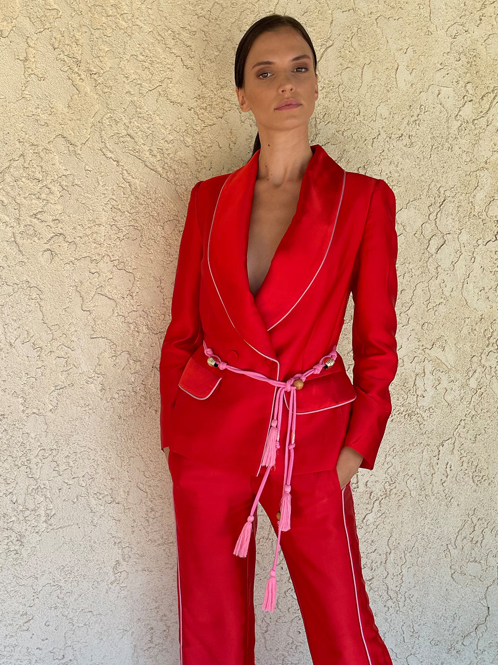 Red Satin Shawl Collar Piped Blazer And Pants Set 13
