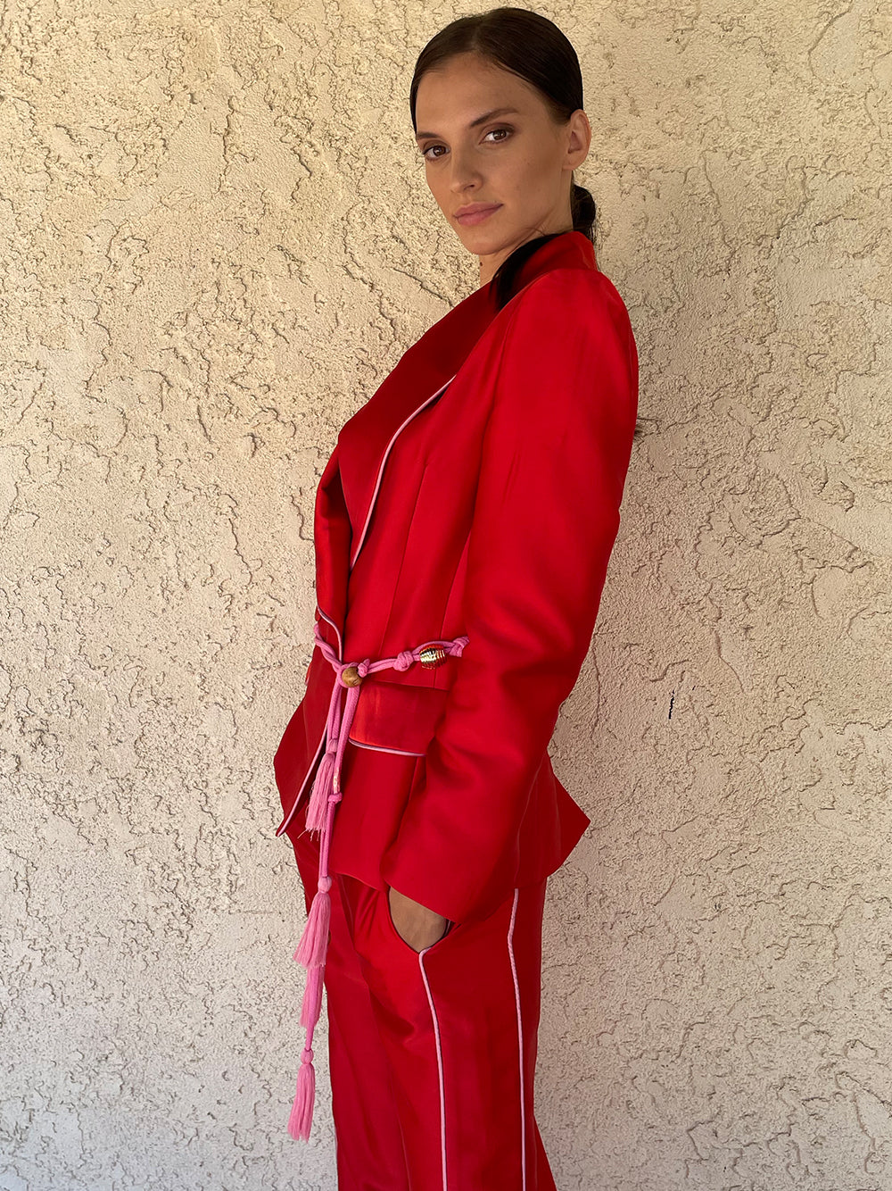 Red Satin Shawl Collar Piped Blazer And Pants Set 12