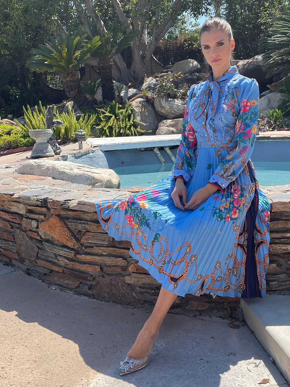 Collared Lace Trim Floral Baroque Print Long Sleeve Pleated Midi Dress 15
