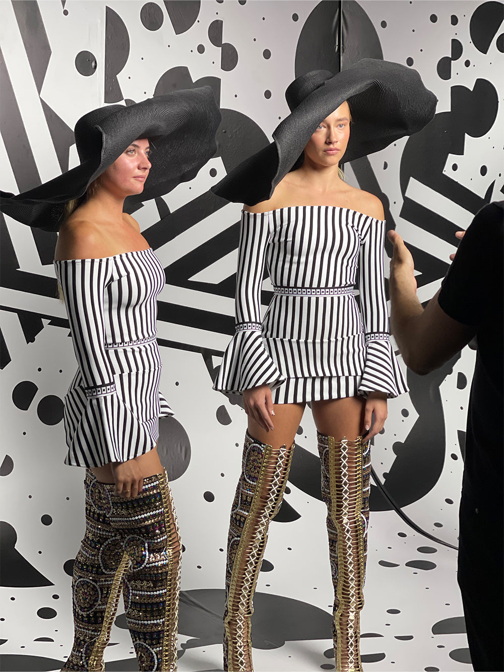 B&w Off-Shoulder Striped Bell Sleeve Tiered Ruffle Bodycon Mini Dress 7