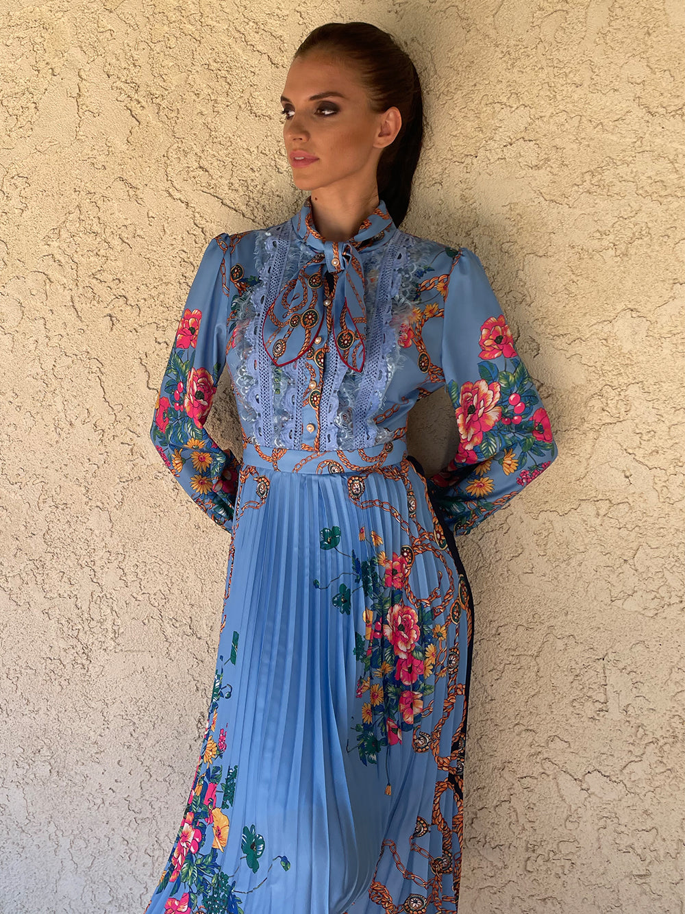 Collared Lace Trim Floral Baroque Print Long Sleeve Pleated Midi Dress 17