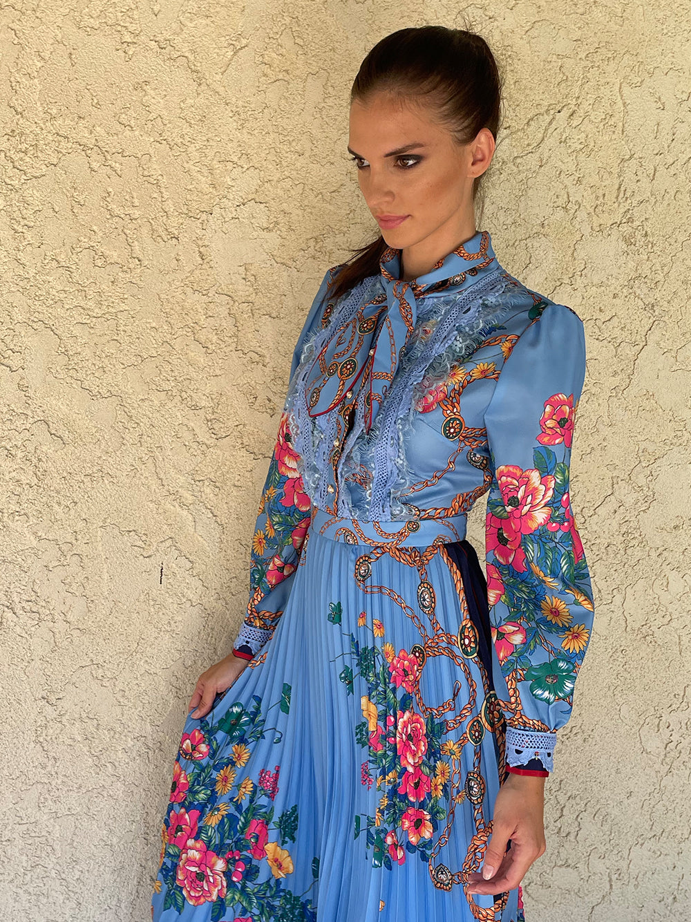 Collared Lace Trim Floral Baroque Print Long Sleeve Pleated Midi Dress 16