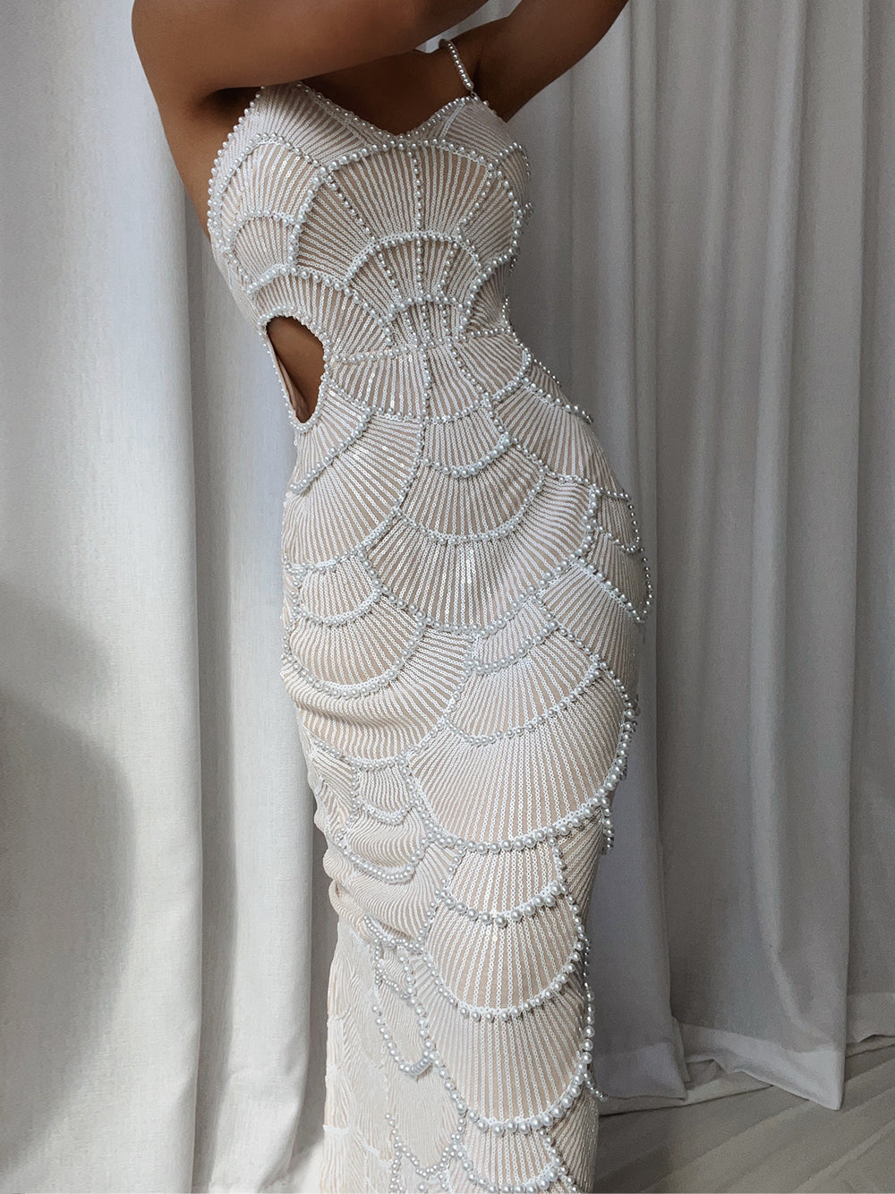 White Sweetheart Neck Pearl Beaded Cutout Bodycon Midi Dress 4