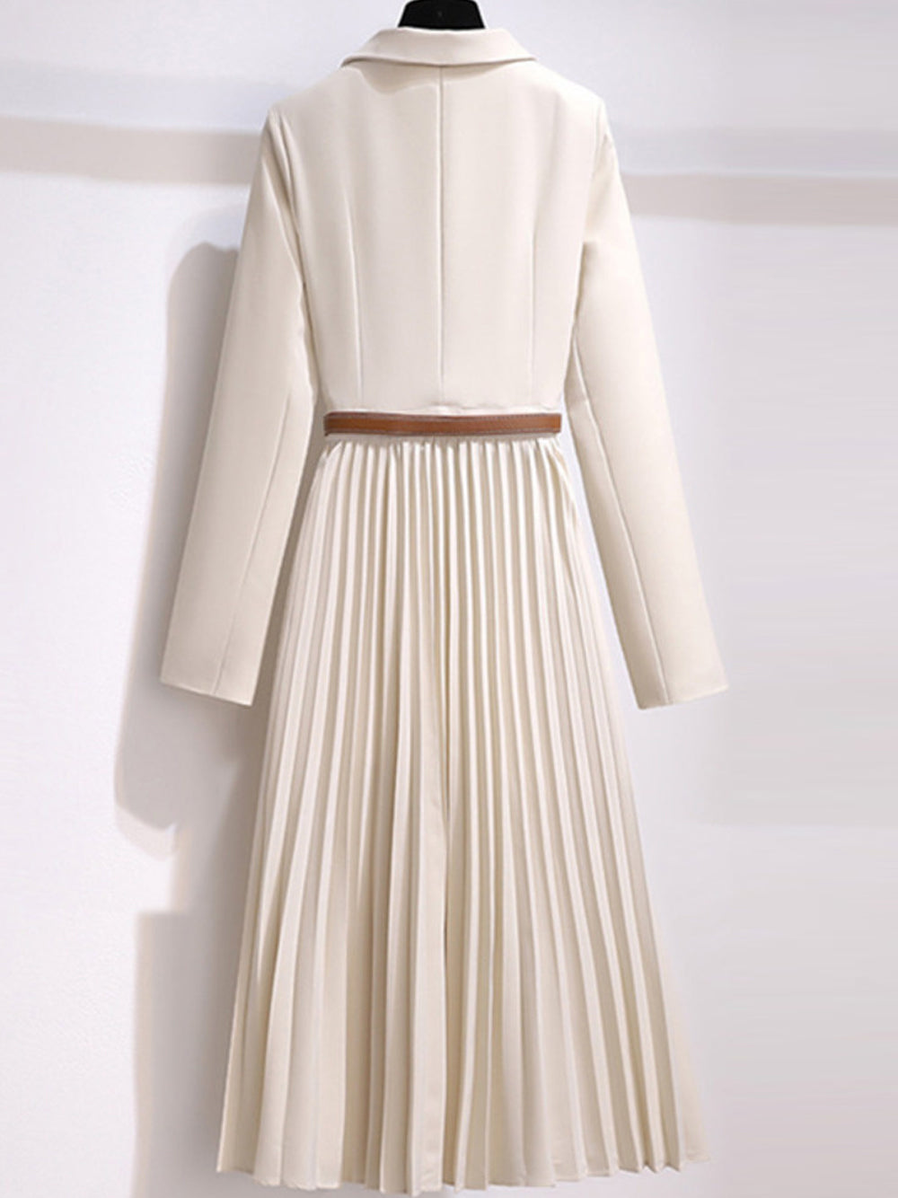 Lapel Collar Long Sleeve Belted Blazer Pleated A-Line Midi Dress 3