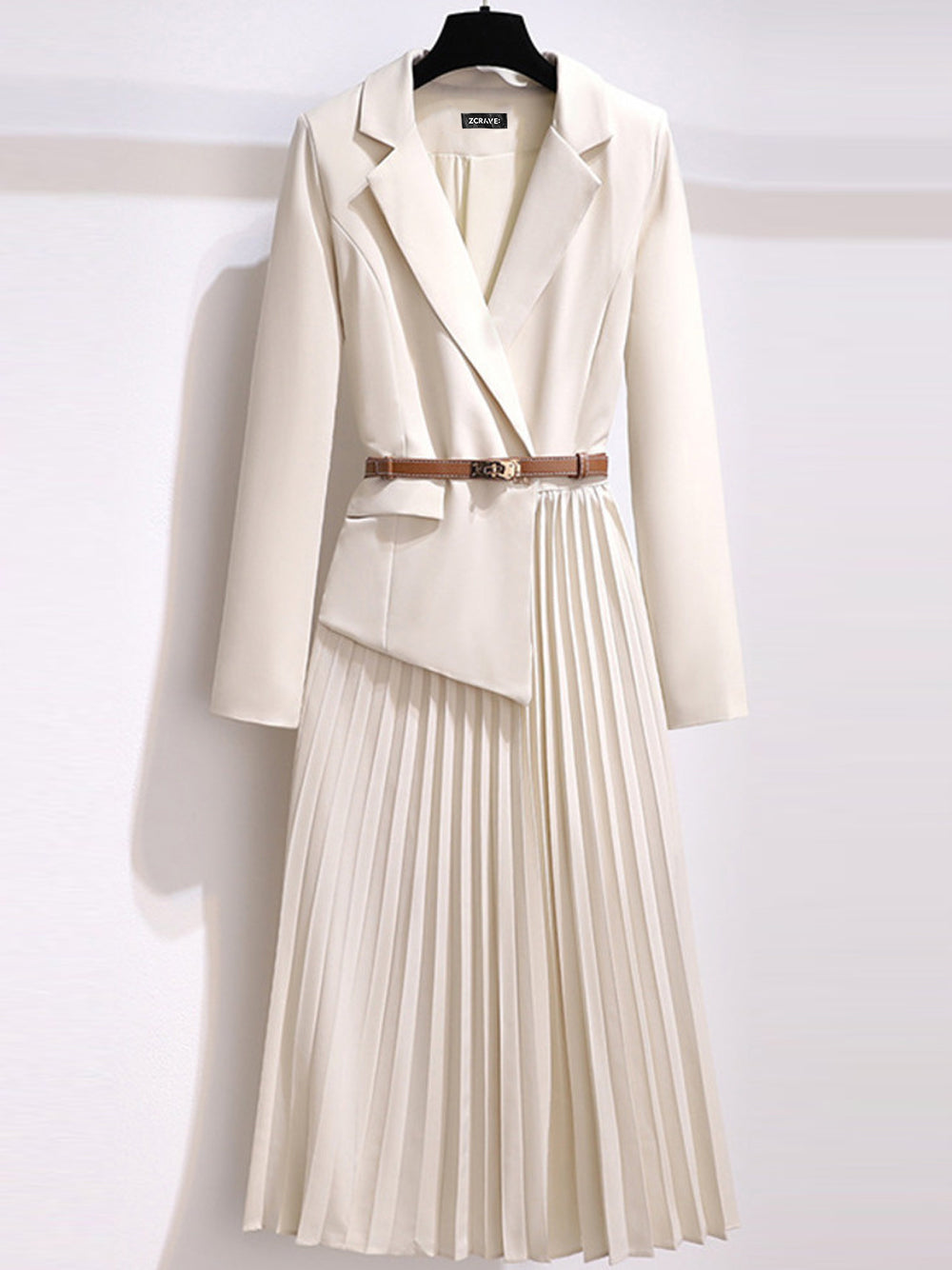 Lapel Collar Long Sleeve Belted Blazer Pleated A-Line Midi Dress 2