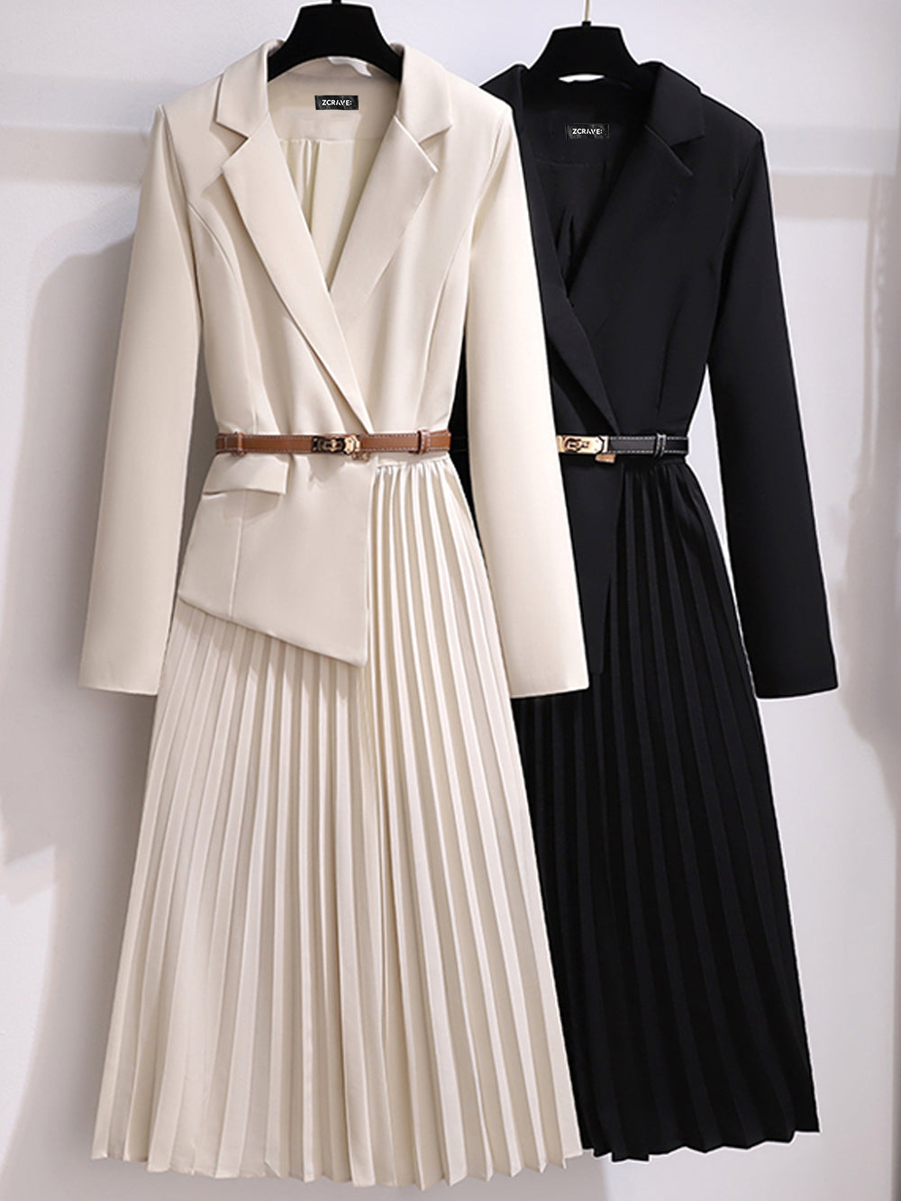 Lapel Collar Long Sleeve Belted Blazer Pleated A-Line Midi Dress