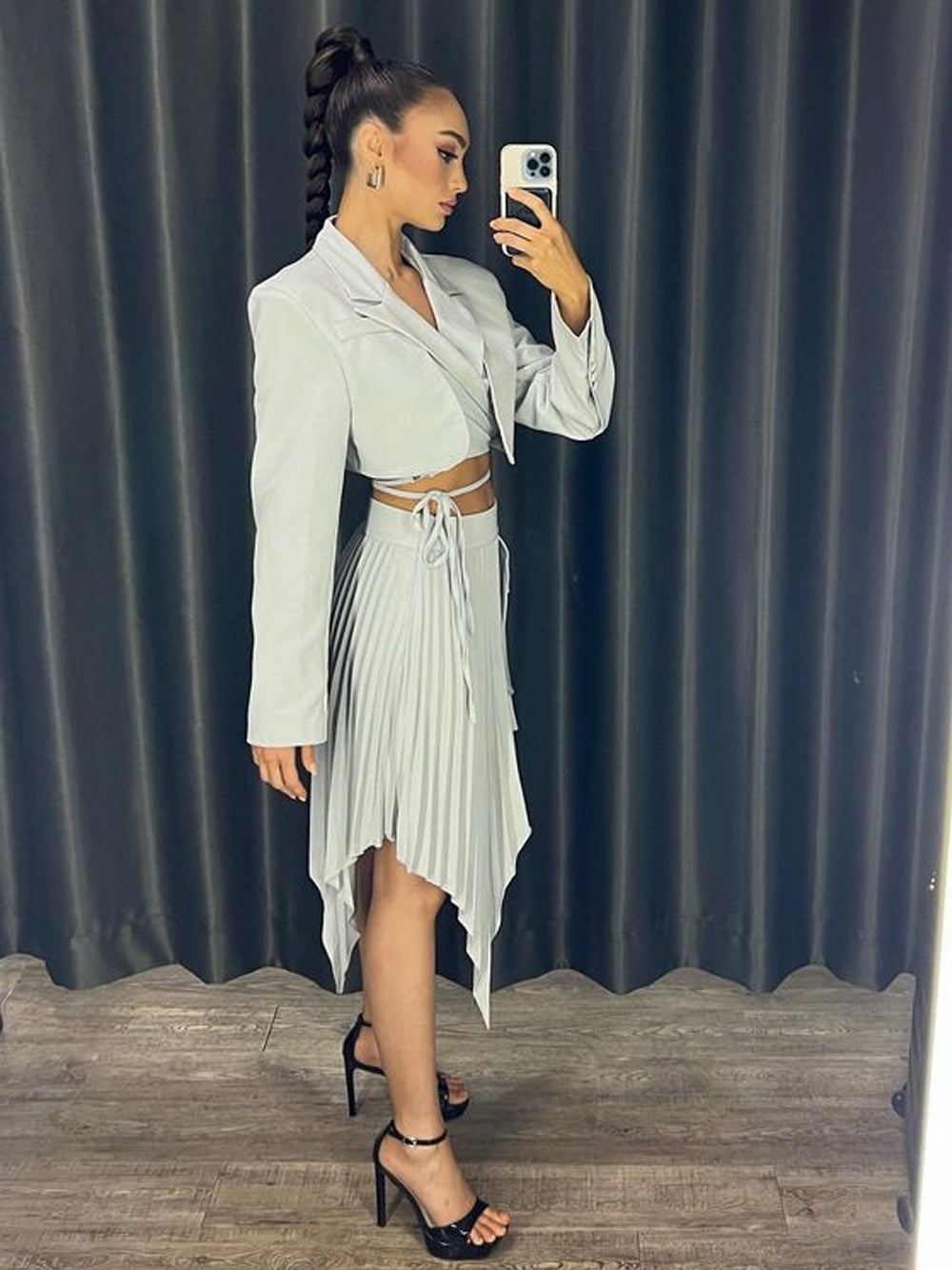 Light Blue Cropped Lace-Up Blazer and Pleated Asymmetric Skirt Set 5