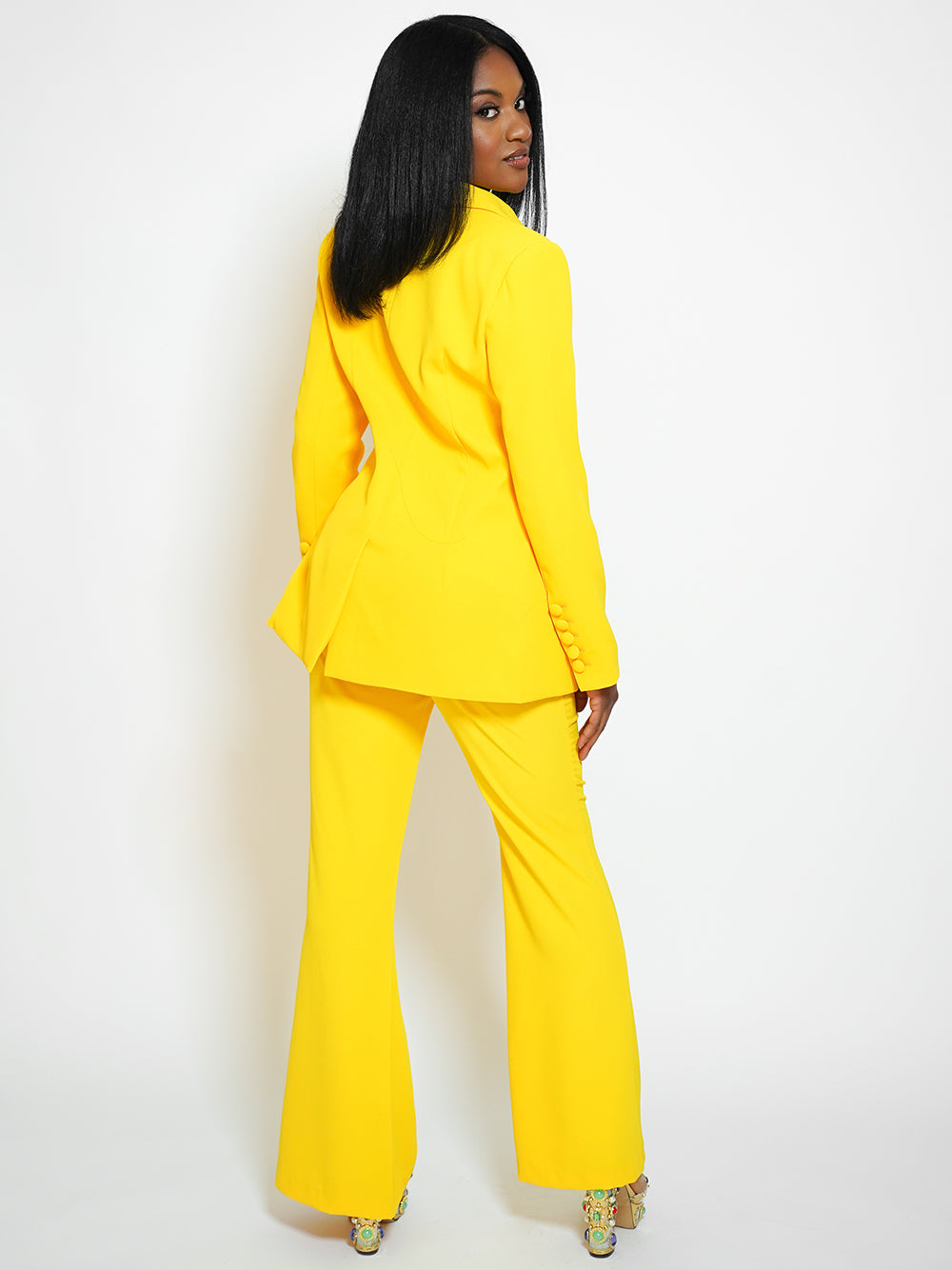 Yellow Peak Lapel Single Button Blazer and Flared Pants Set 2
