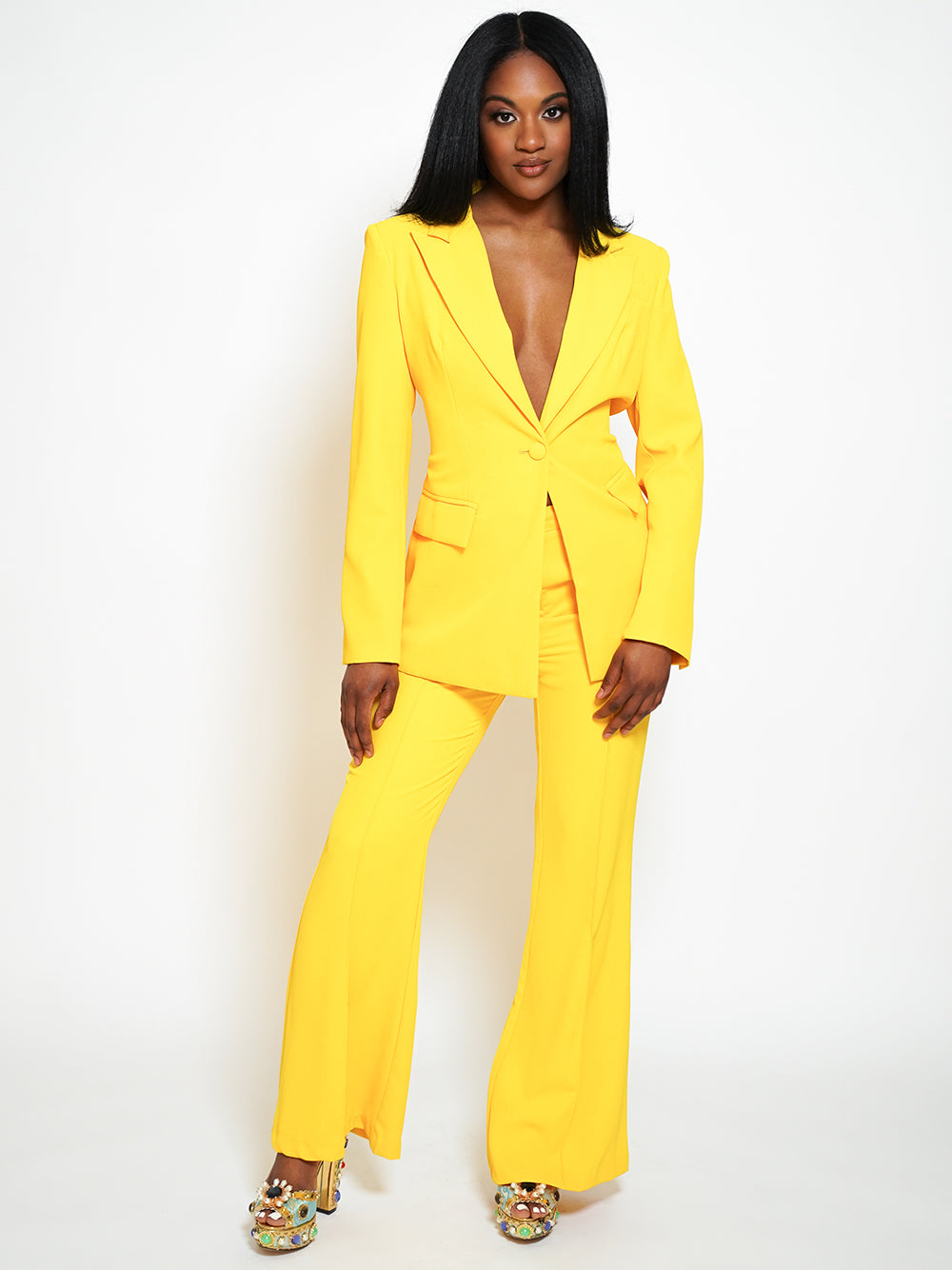 Yellow Peak Lapel Single Button Blazer and Flared Pants Set