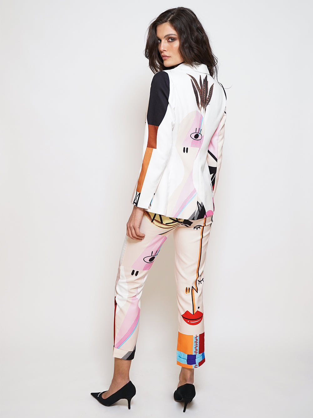 Abstract Face Print Single-Breasted Blazer and Pants Set