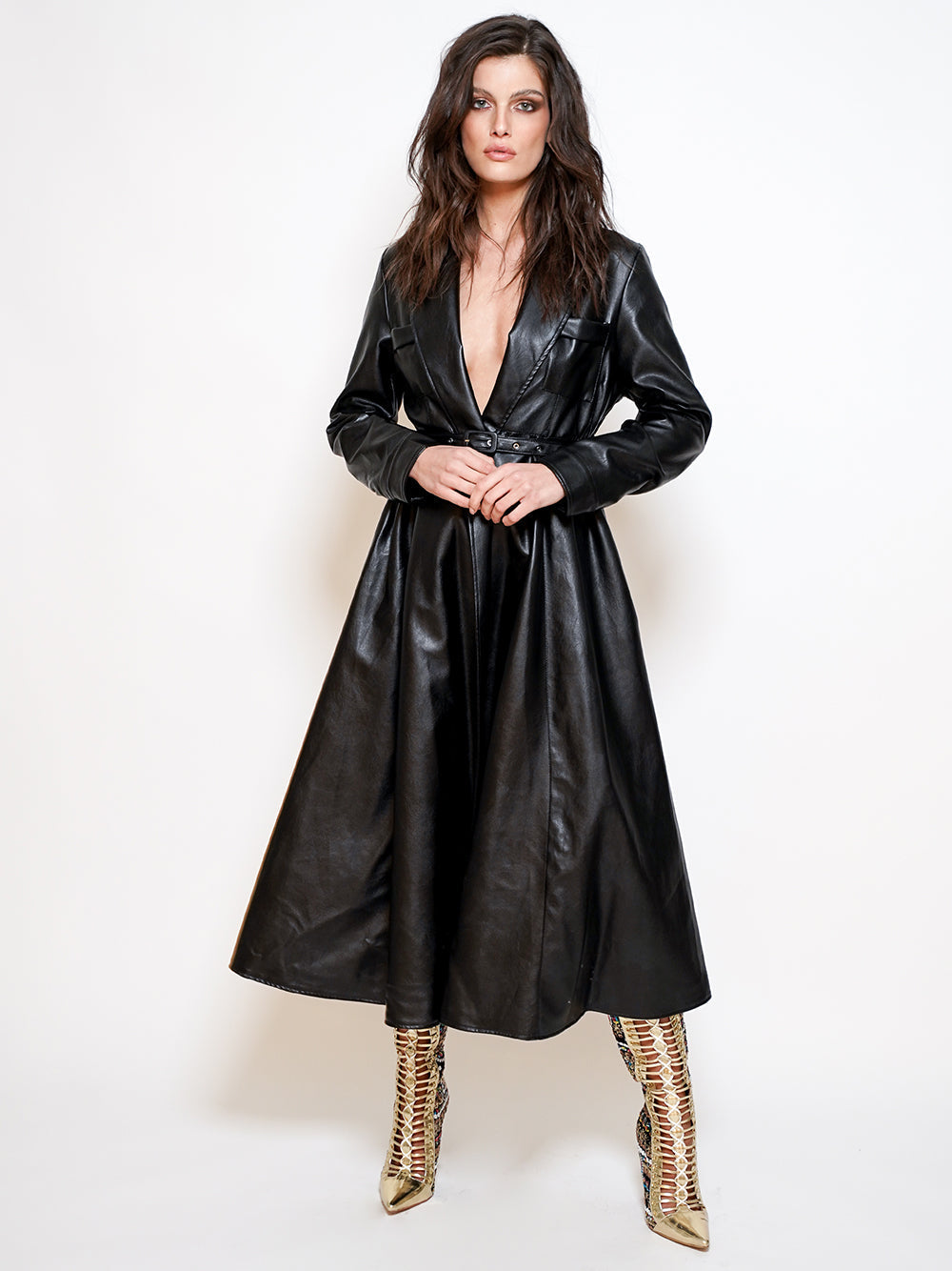 Black Lapel Belted Waist Leather Trench Coat 3