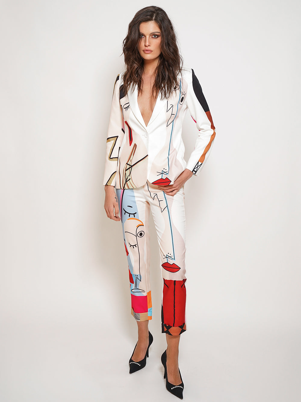 Abstract Face Print Single-Breasted Blazer and Pants Set