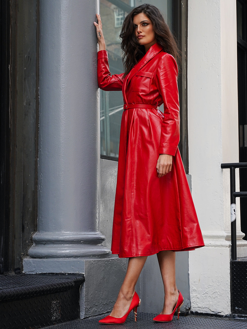 Red Peak Lapel Belted Faux Leather Flared Trench Coat