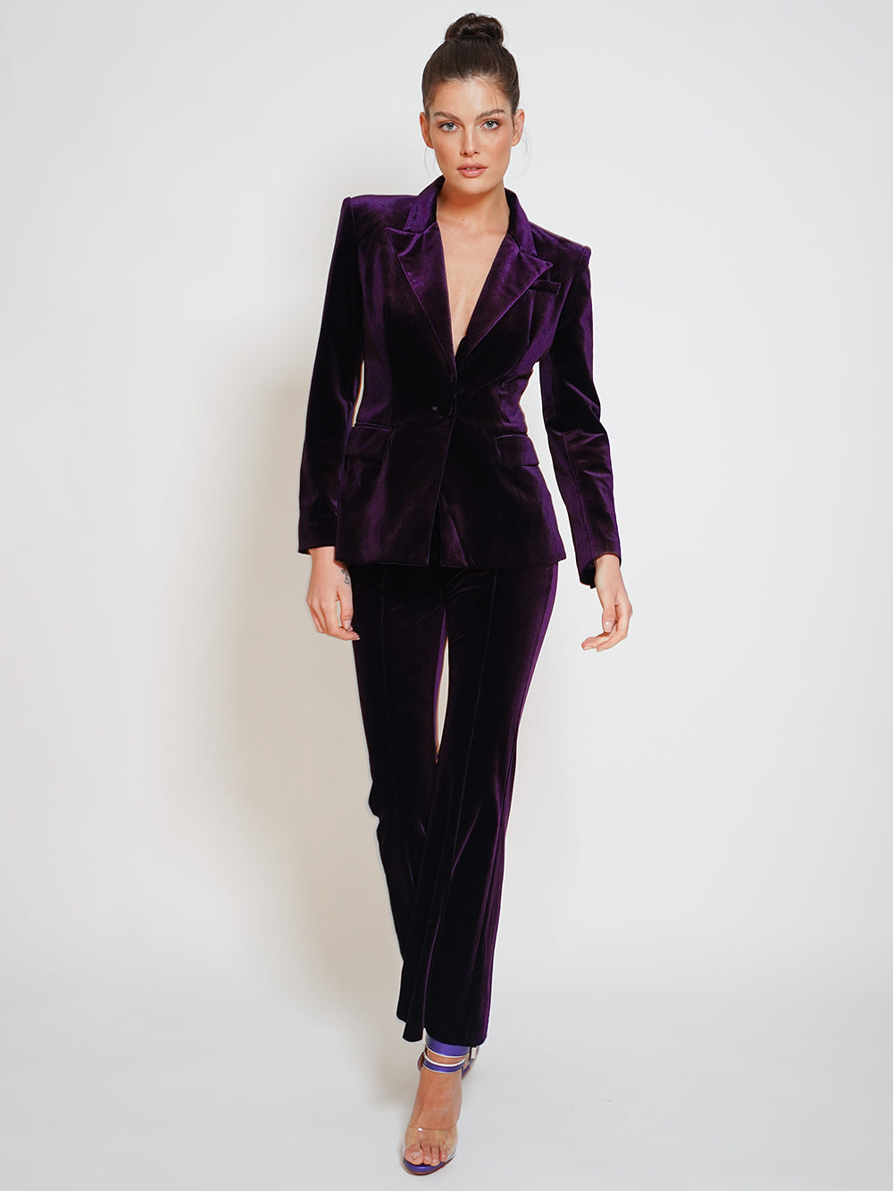 Purple Peak Lapel Velvet Single Button Blazer Pants Set