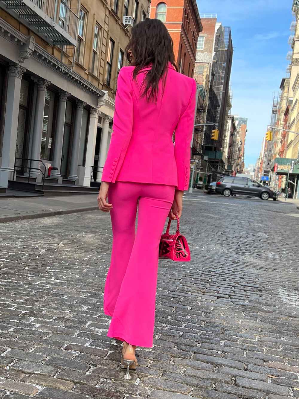 Fuchsia Peak Lapel Plunge Blazer and Flared Pants Set