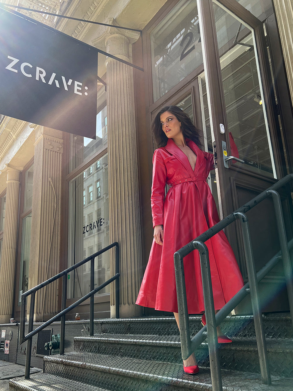 Red Peak Lapel Belted Faux Leather Flared Trench Coat