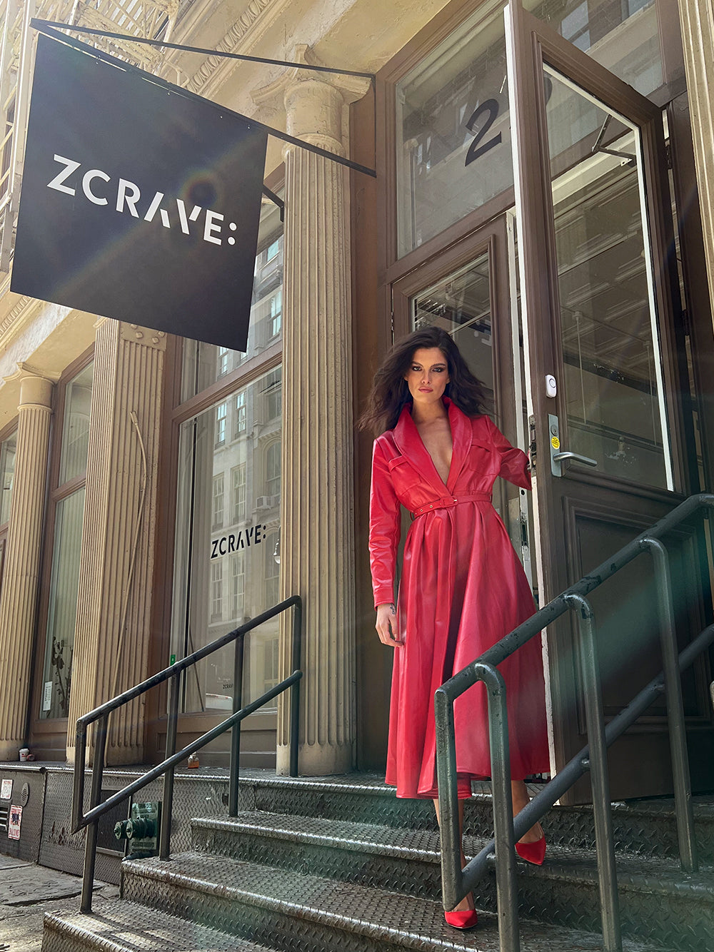 Red Peak Lapel Belted Faux Leather Flared Trench Coat