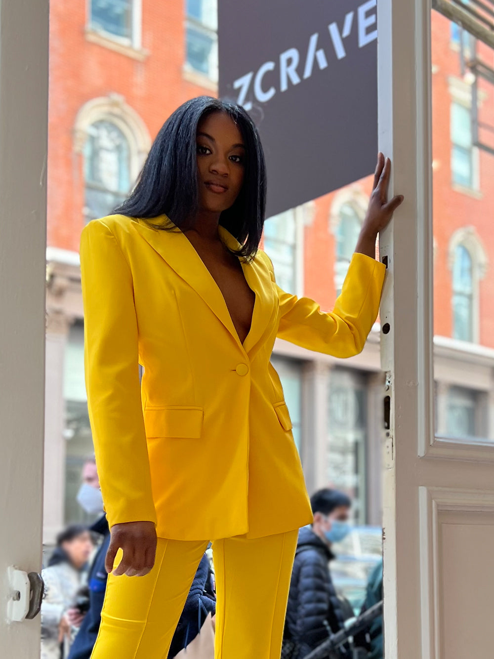 Yellow Peak Lapel Single Button Blazer and Flared Pants Set 5