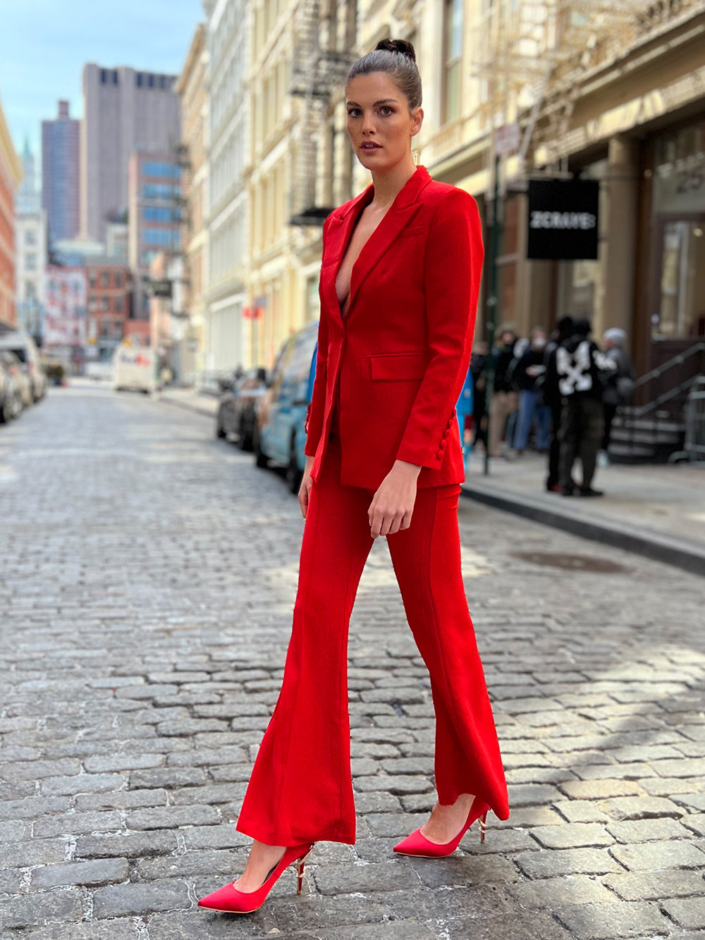 Red Peak Lapel Single Button Fitted Blazer and Flared Pants Set