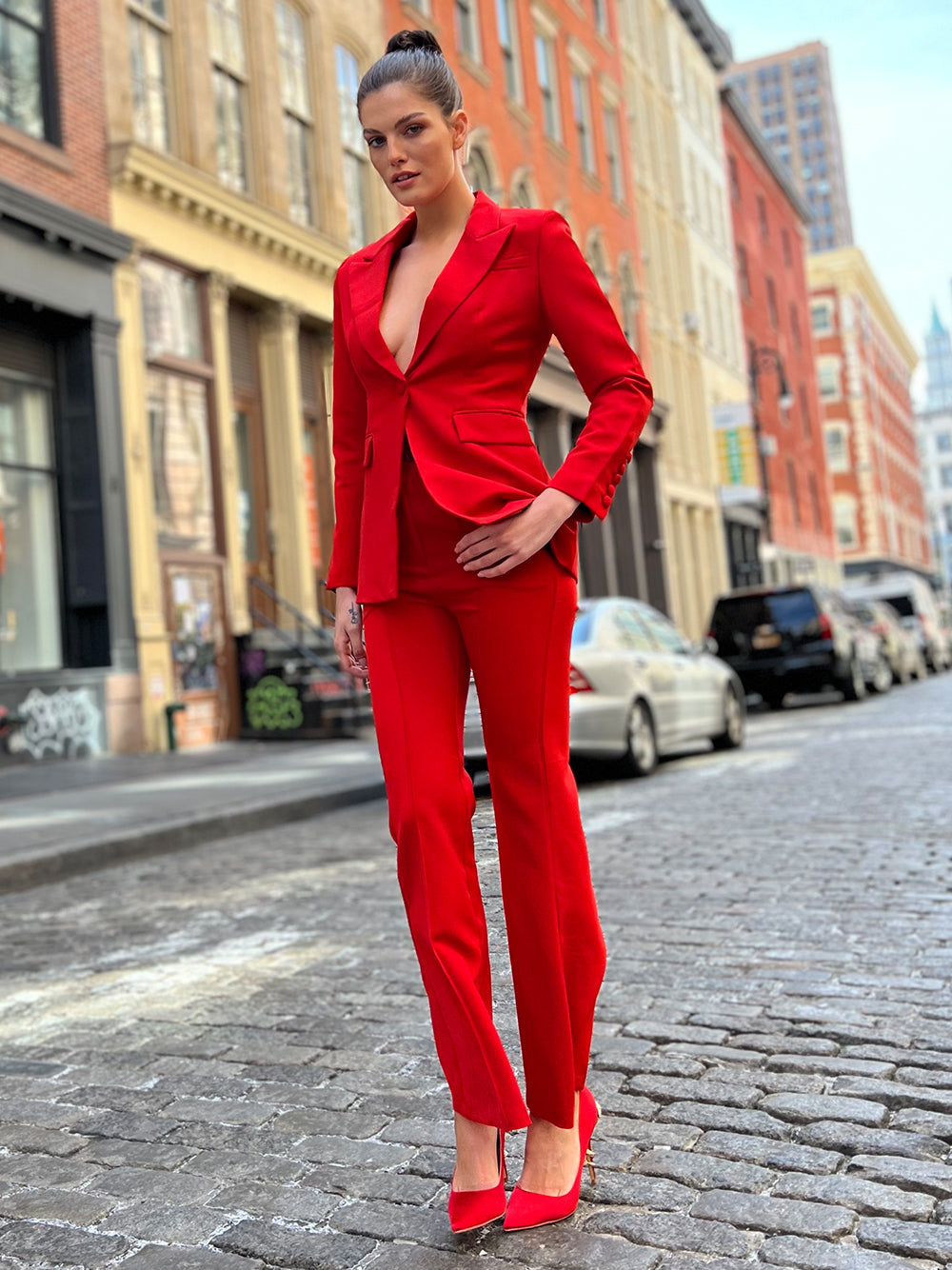 Red Peak Lapel Single Button Fitted Blazer and Flared Pants Set