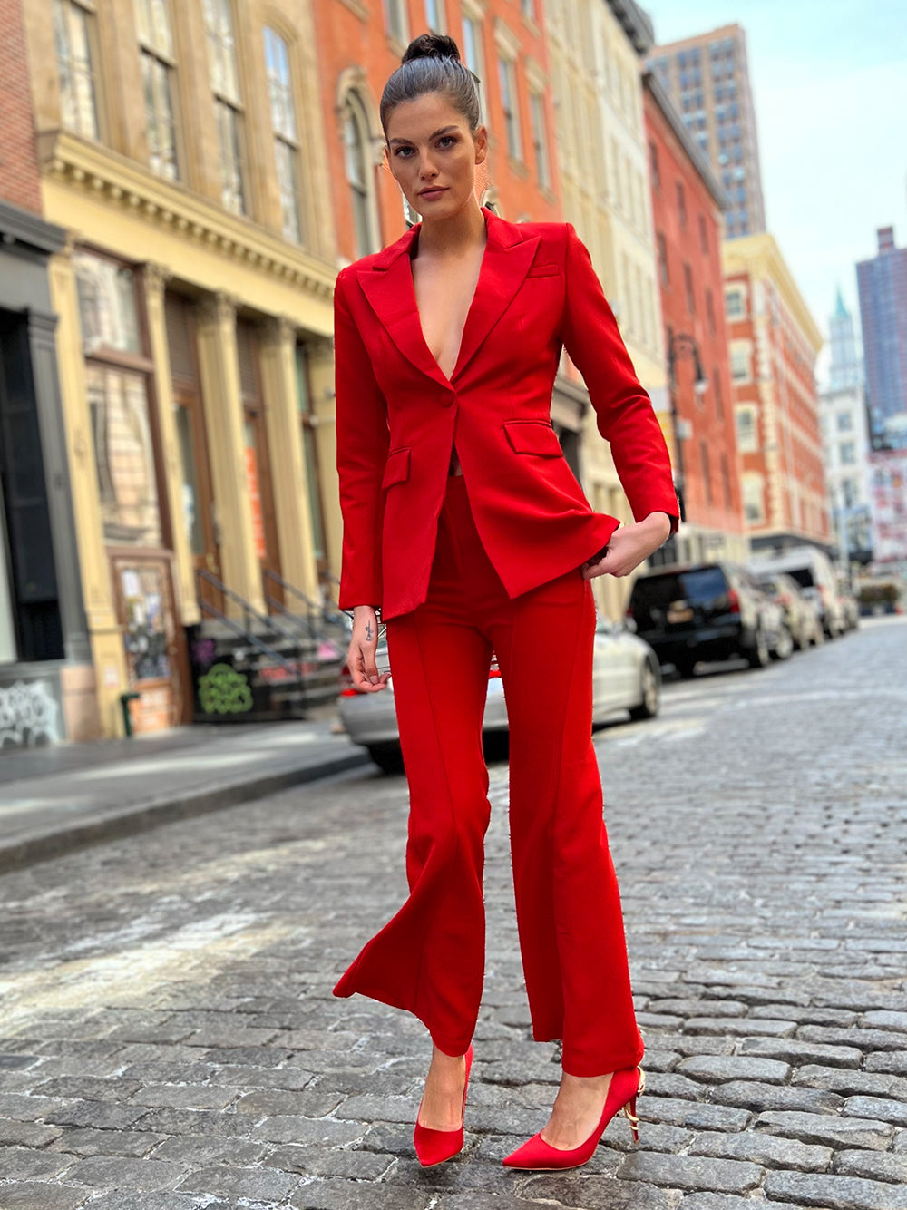 Red Peak Lapel Single Button Fitted Blazer and Flared Pants Set