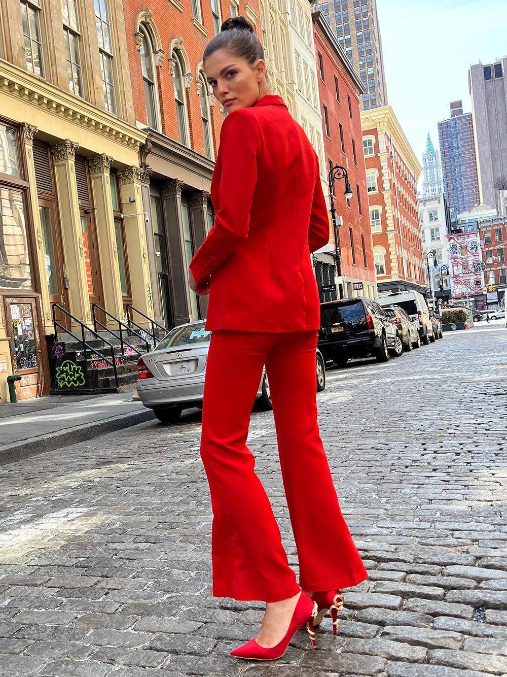 Red Peak Lapel Single Button Fitted Blazer and Flared Pants Set