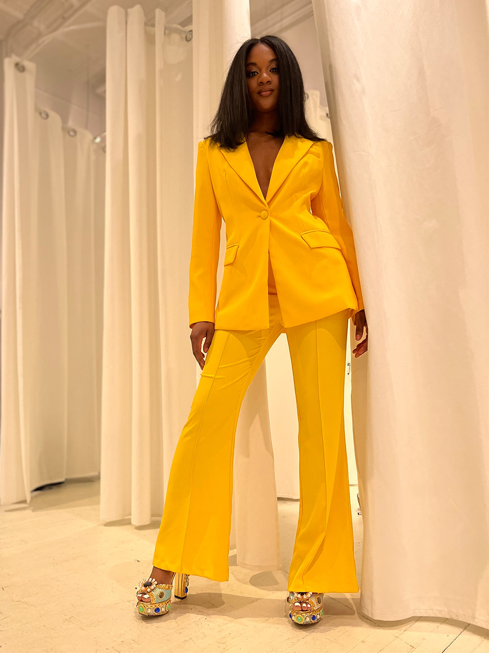 Yellow Peak Lapel Single Button Blazer and Flared Pants Set 4