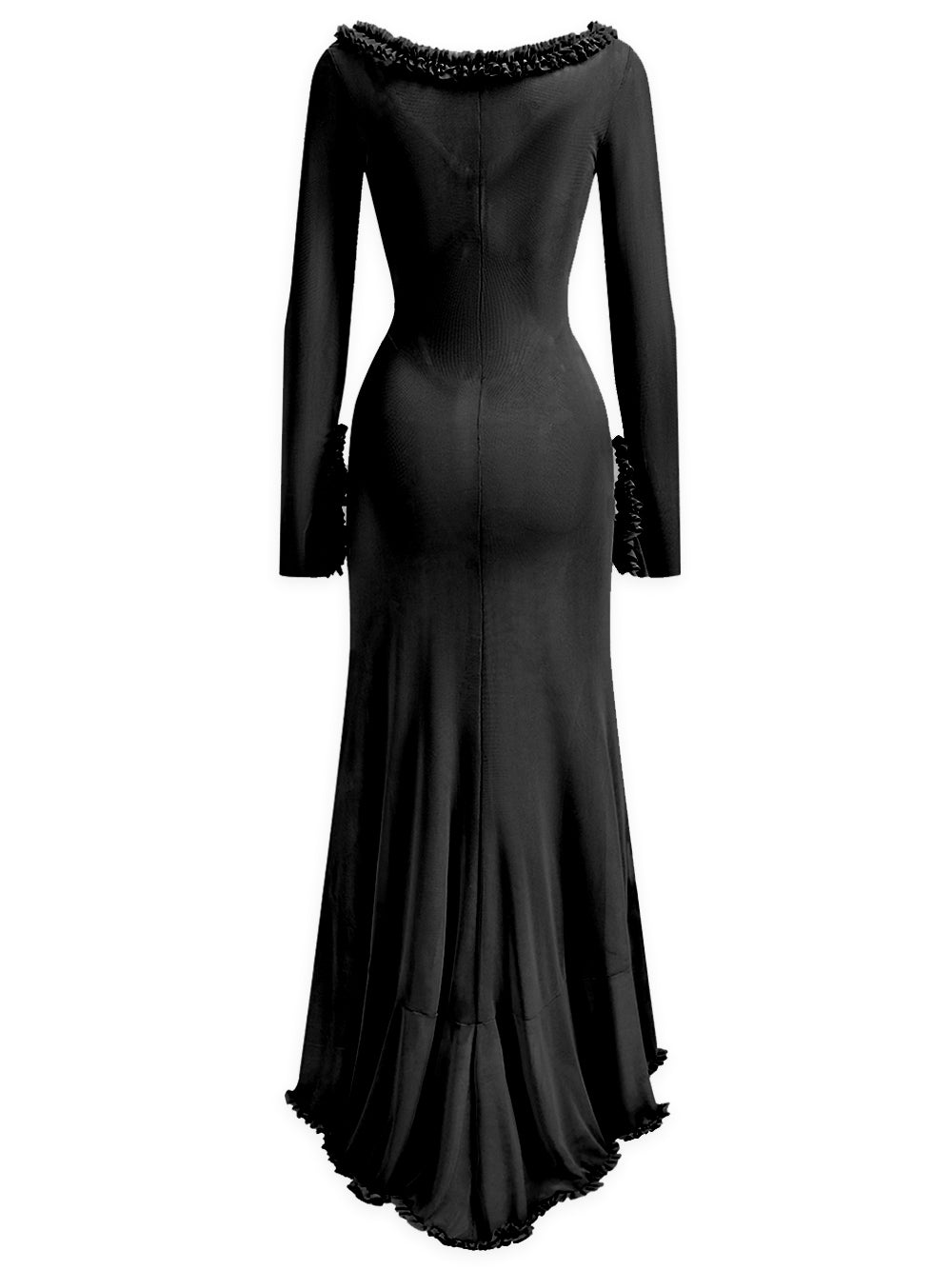 Black Ruffle Trim Sheer Mesh Crop Top Ruched Maxi Skirt Set
