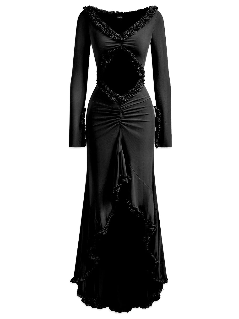 Black Ruffle Trim Sheer Mesh Crop Top Ruched Maxi Skirt Set