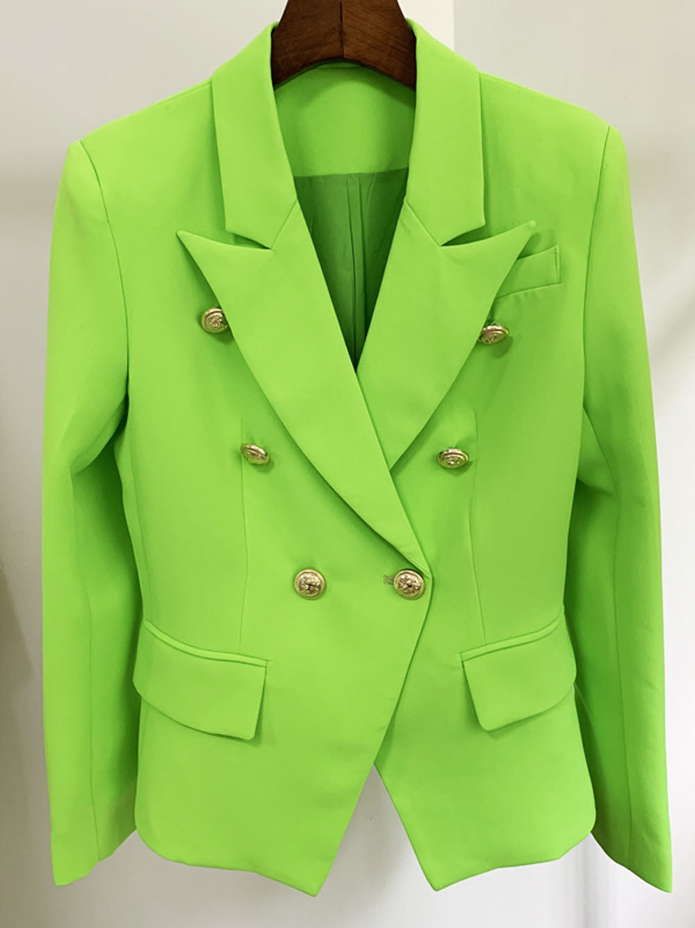 Lime Peak Lapel Gold Button Double Breasted Structured Blazer