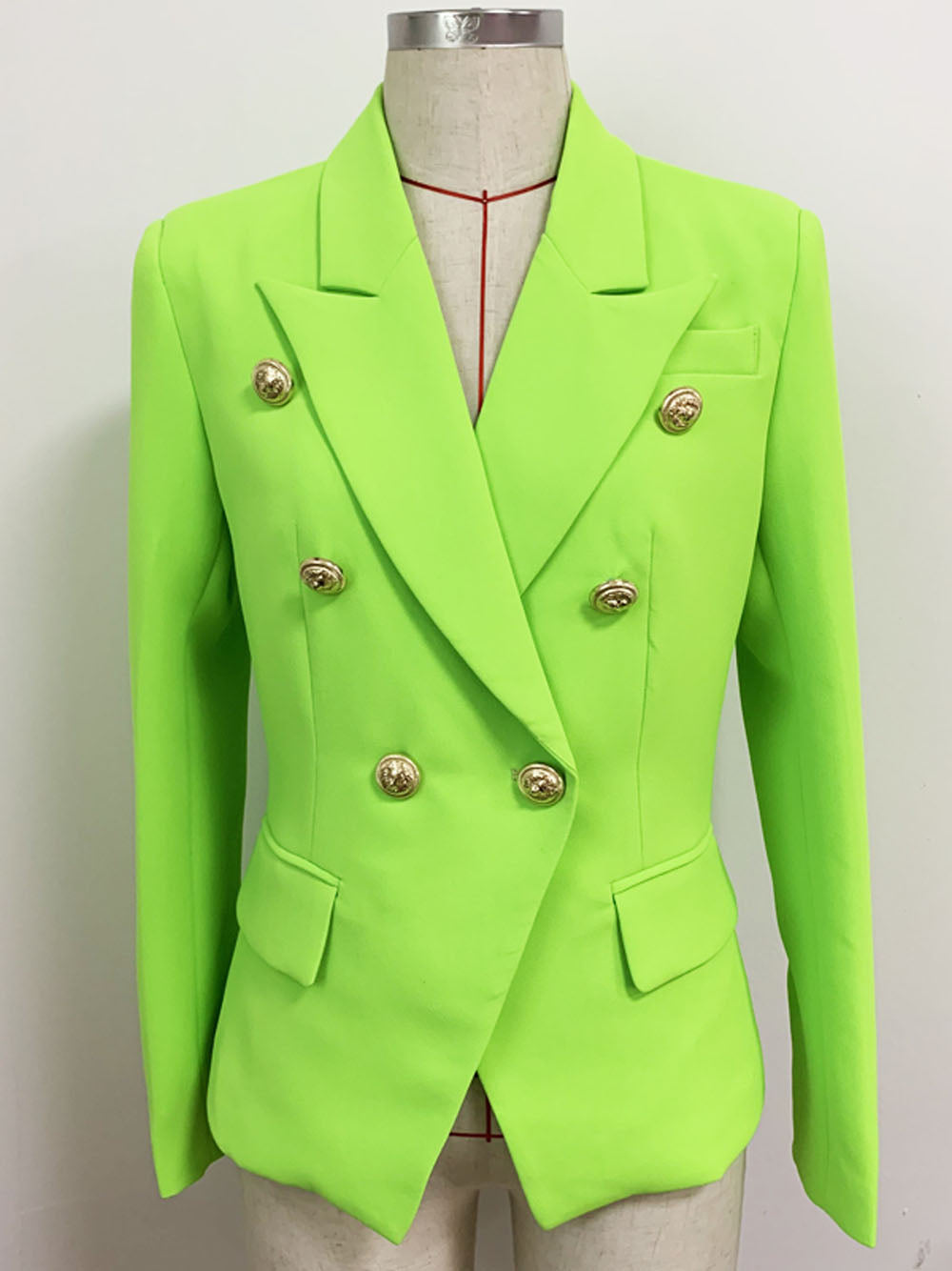 Lime Peak Lapel Gold Button Double Breasted Structured Blazer