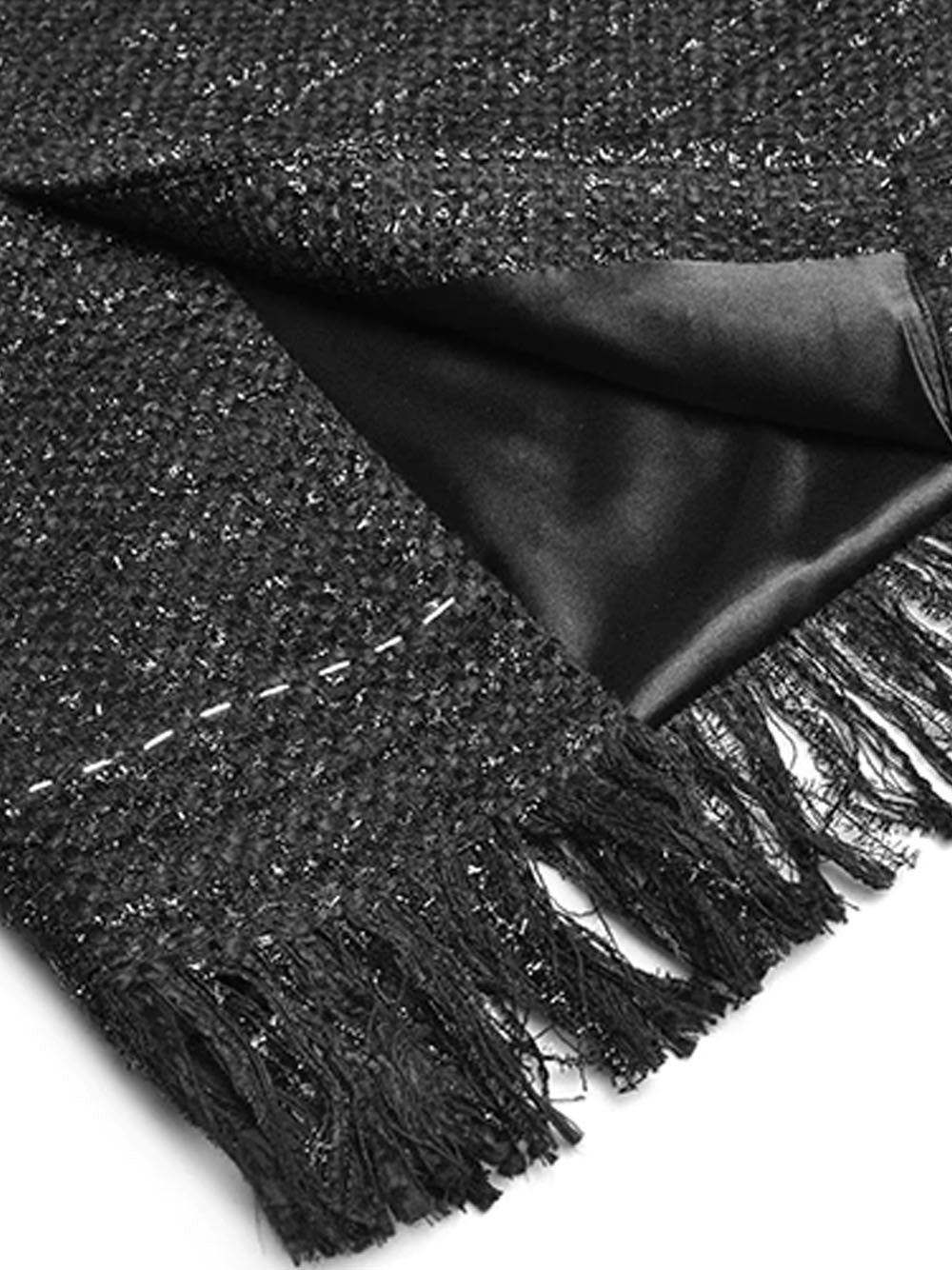 Black Gold Button Tweed Cropped Jacket and Fringe Skirt Set