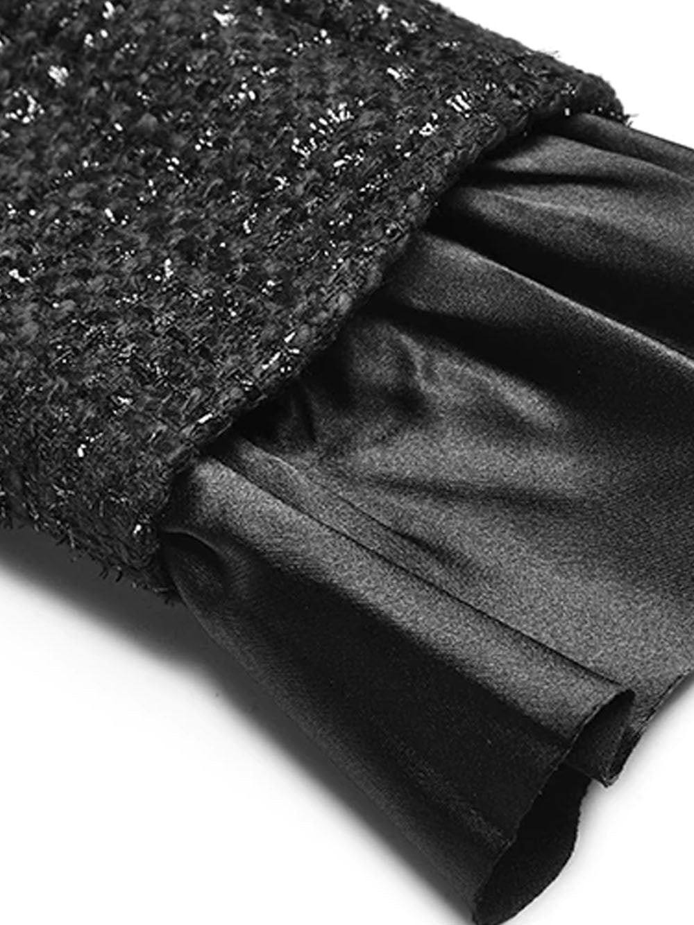 Black Bow Brooch Gold Button Tweed Jacket and Fringe Skirt Set 7