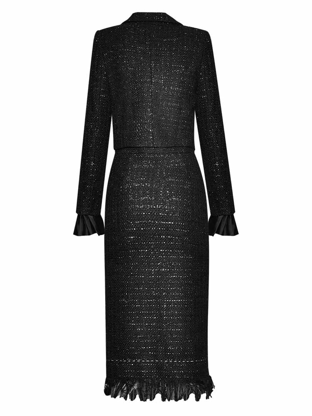 Black Gold Button Tweed Cropped Jacket and Fringe Skirt Set
