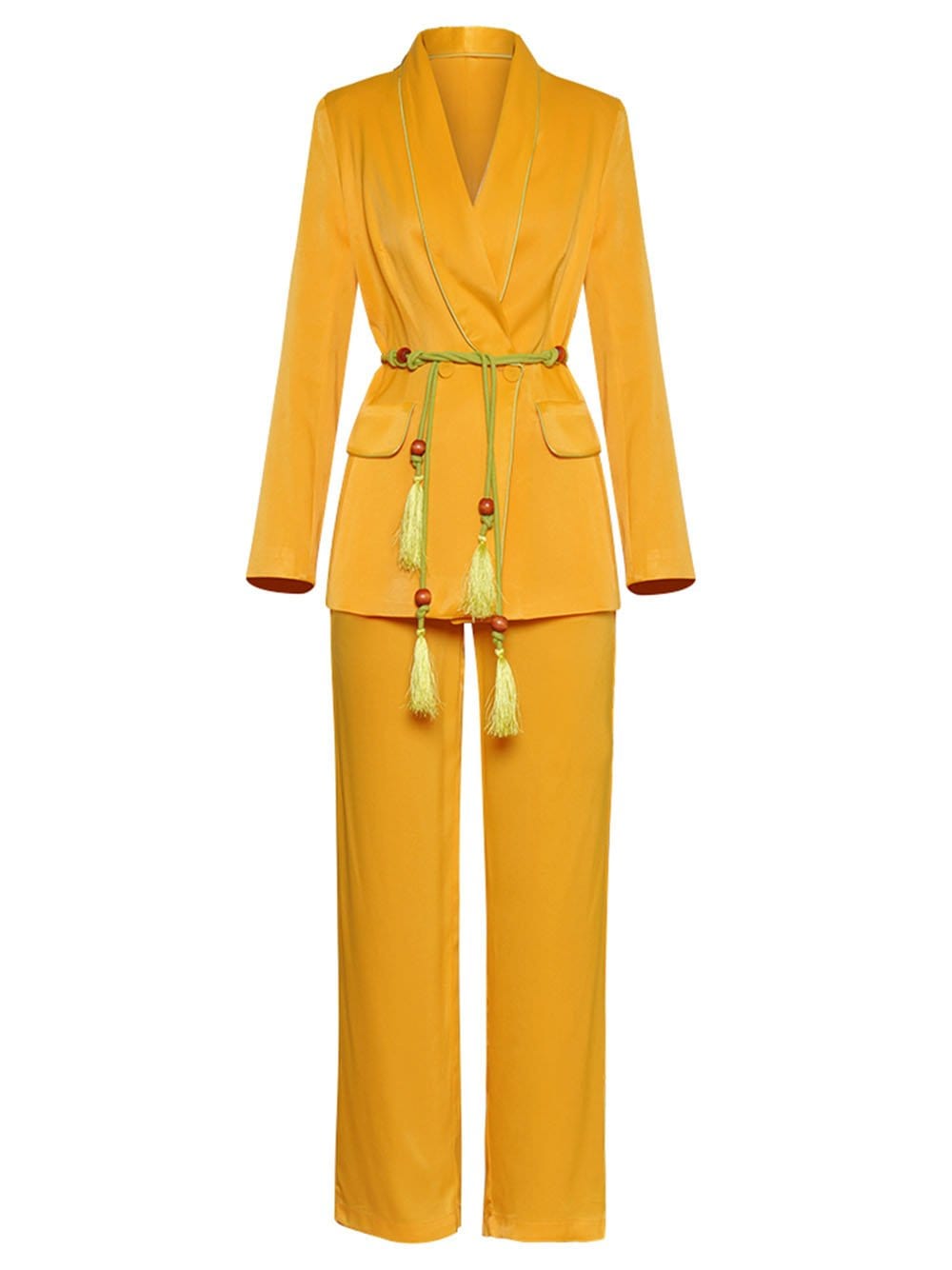 Gold Tasseled Belt Satin Blazer and Pants Set 2