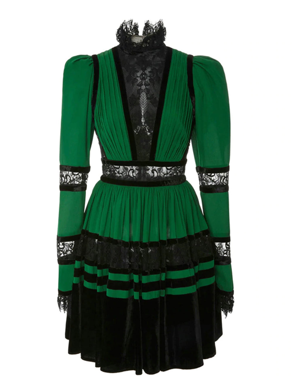 Green High Neck Lace Panel Velvet Trim Puff Sleeve Pleated Mini Dress