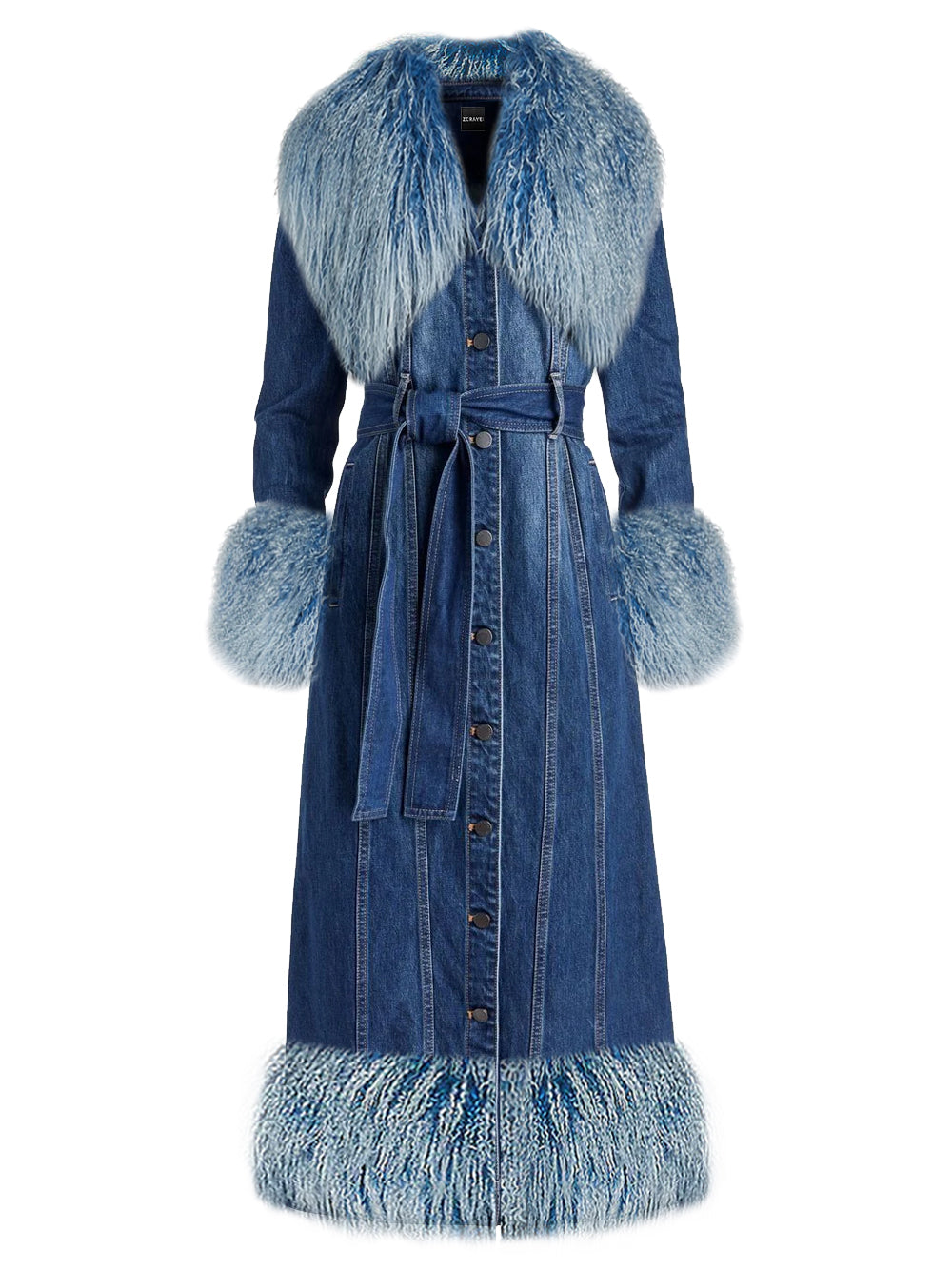 Denim Shaggy Fur Collar Cuff Hem Belted Button-Up Denim Coat 4