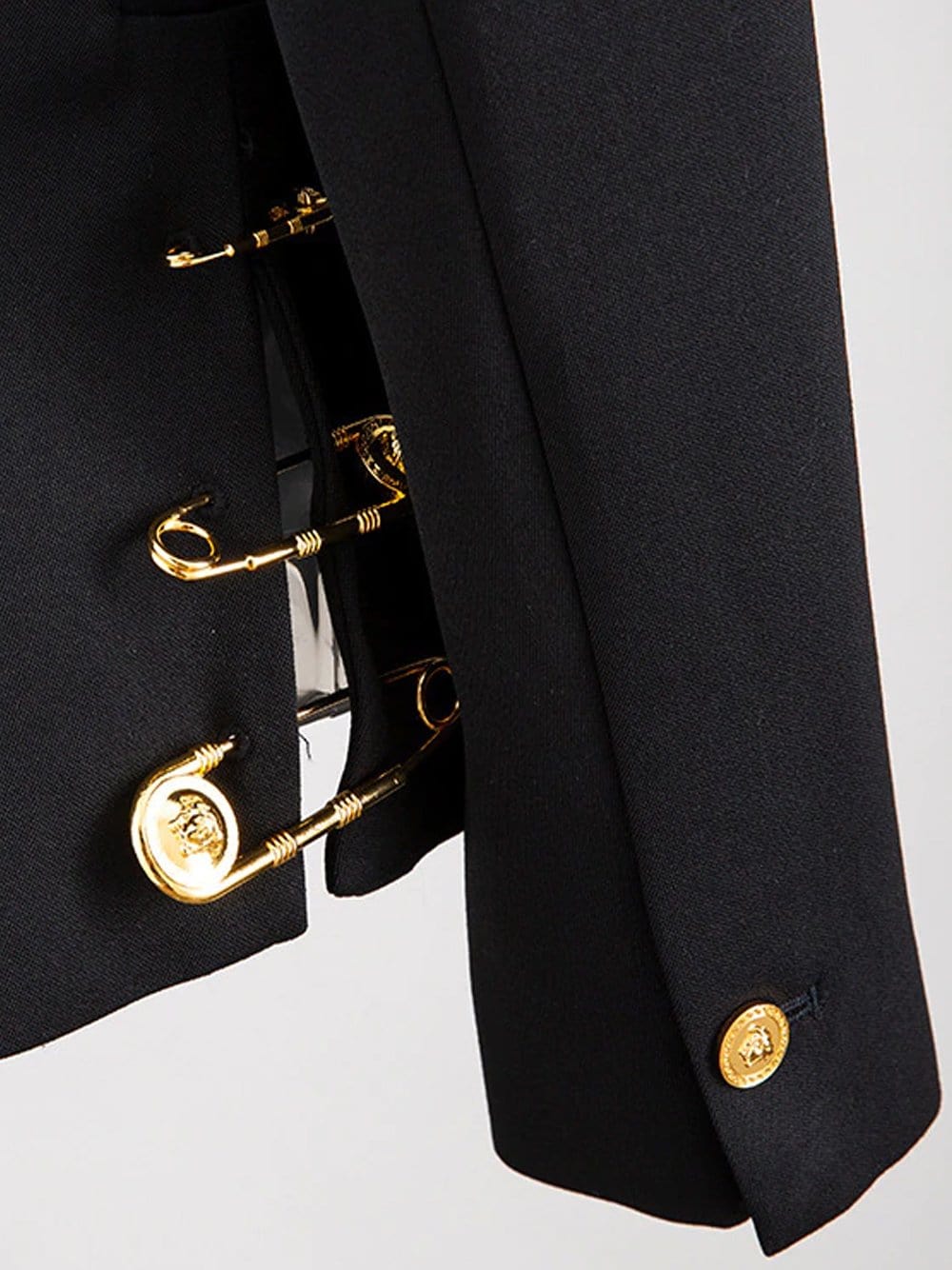 Black Peak Lapel Safety Pin Embellished Single Button Blazer 14