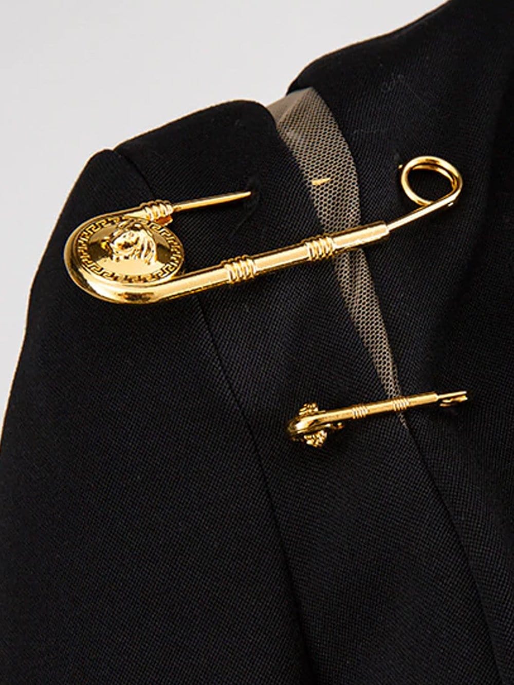 Black Peak Lapel Safety Pin Embellished Single Button Blazer 13