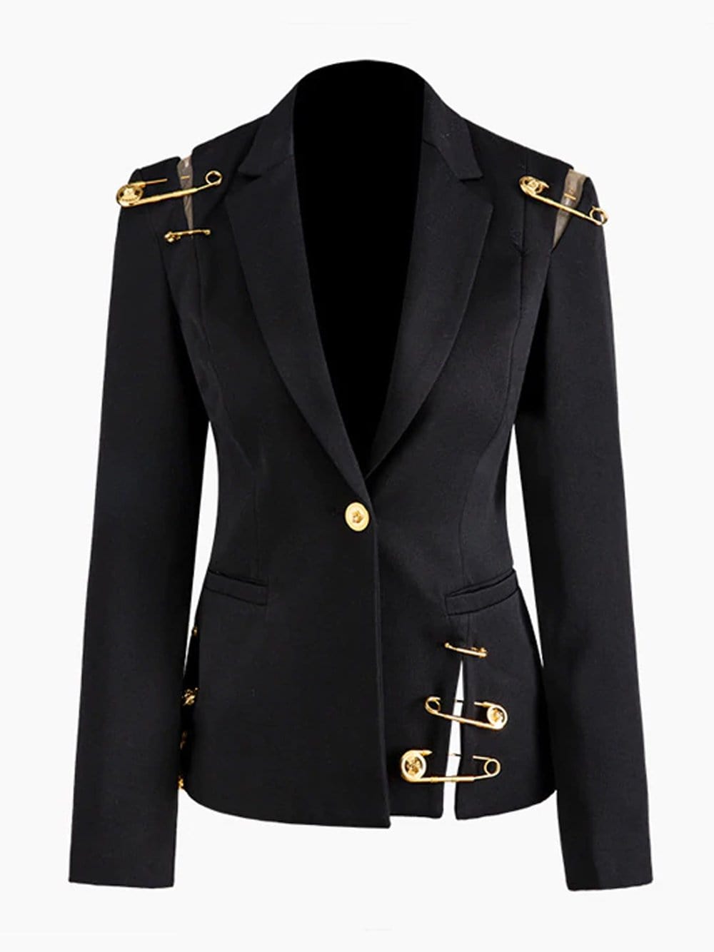 Black Peak Lapel Safety Pin Embellished Single Button Blazer 3