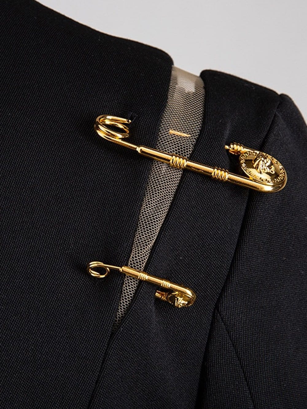 Black Peak Lapel Safety Pin Embellished Single Button Blazer 9