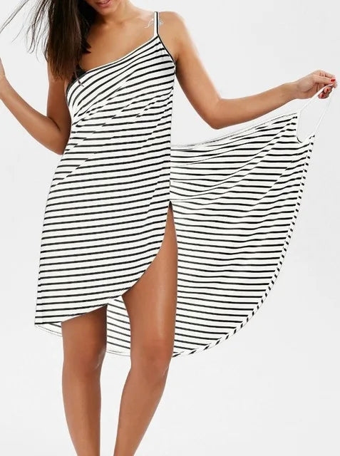 Sexy Backless Striped Vneck Spaghetti Kneelength Midi Dresses