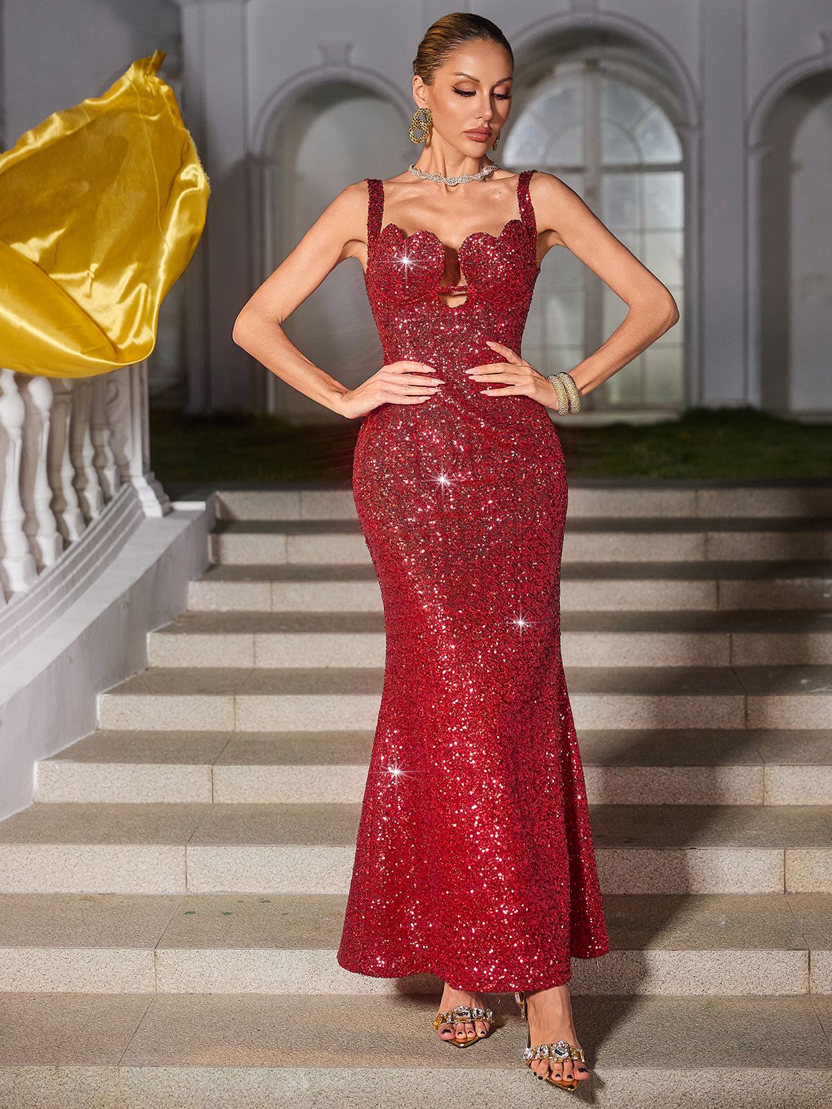 Spaghetti Heart Sequin Midi Dress